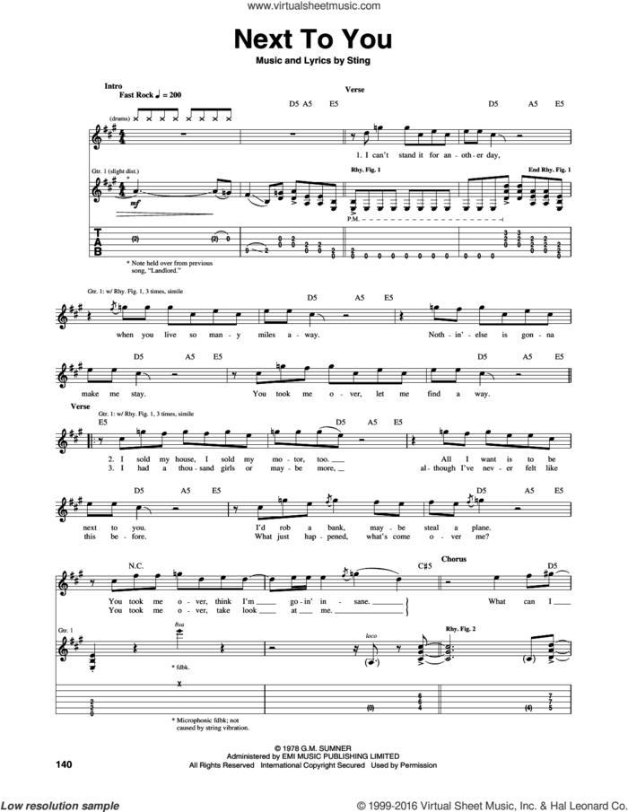 Next To You sheet music for guitar (tablature) by The Police and Sting, intermediate skill level