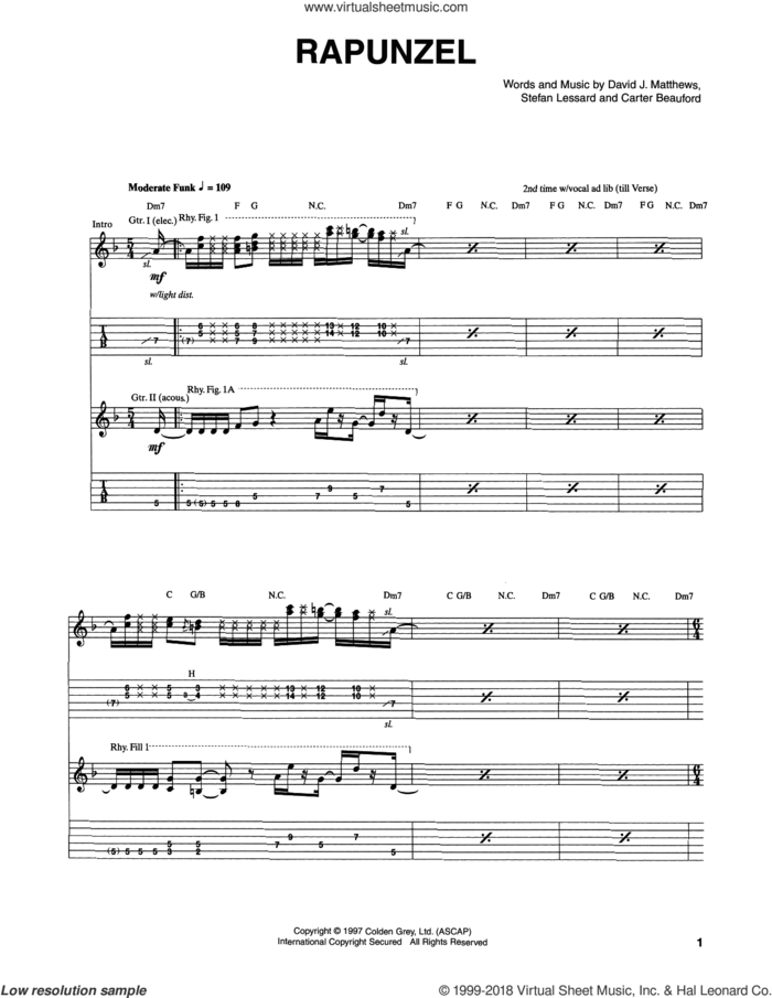 Rapunzel sheet music for guitar (tablature) by Dave Matthews Band, Carter Beauford and Stefan Lessard, intermediate skill level