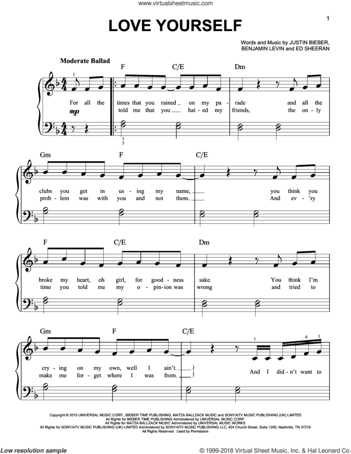 Love Yourself, (beginner) sheet music for piano solo by Justin Bieber, Benjamin Levin and Ed Sheeran, beginner skill level