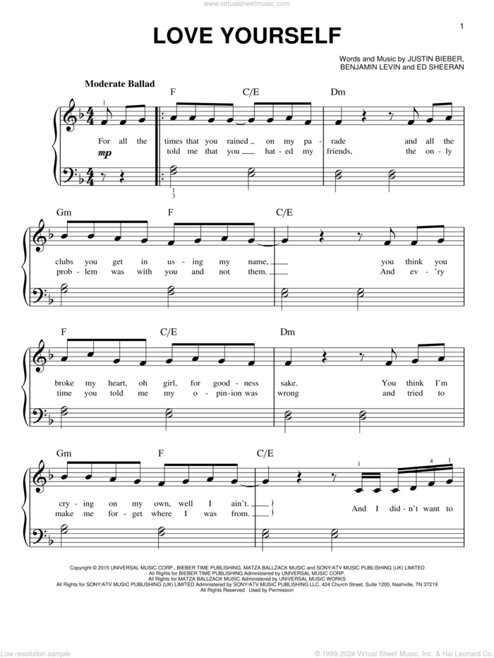 Love Yourself, (beginner) sheet music for piano solo by Justin Bieber, Benjamin Levin and Ed Sheeran, beginner skill level