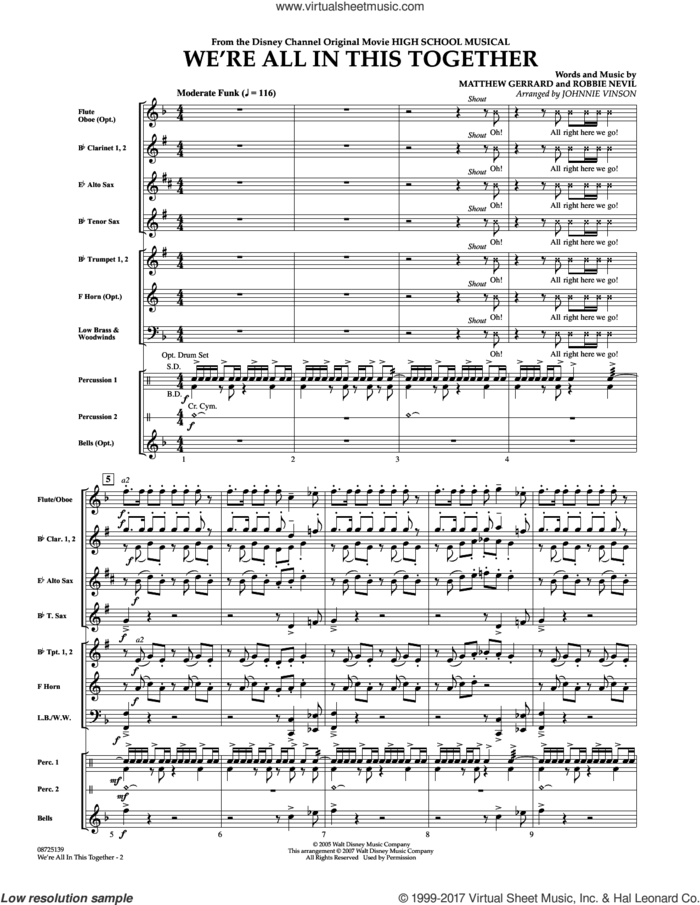 We're All In This Together (from High School Musical) (COMPLETE) sheet music for concert band by Johnnie Vinson, High School Musical Cast, Matthew Gerrard and Robbie Nevil, intermediate skill level
