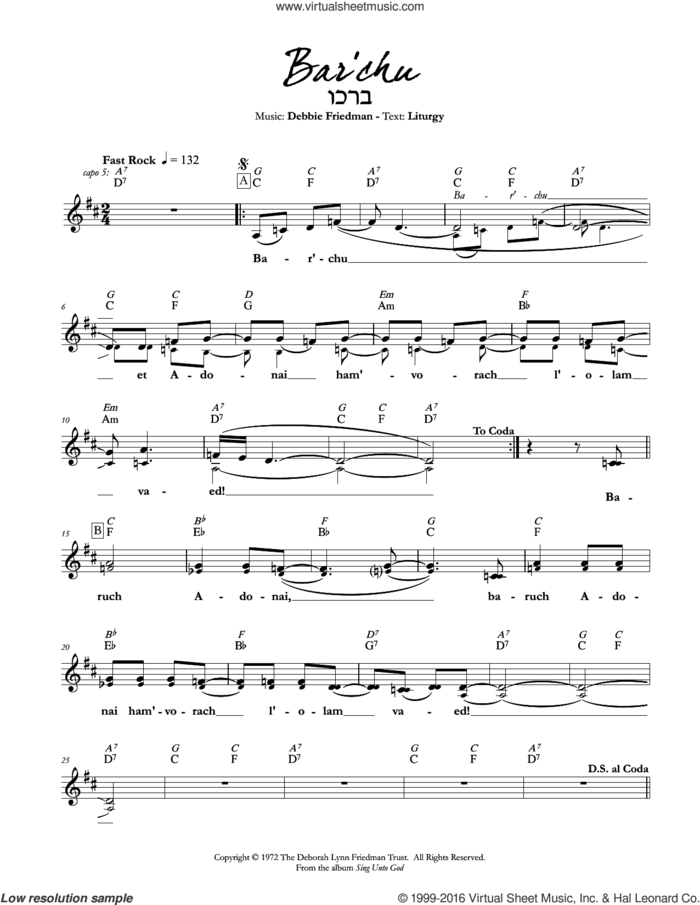 Bar'chu sheet music for voice and other instruments (fake book) by Debbie Friedman, intermediate skill level