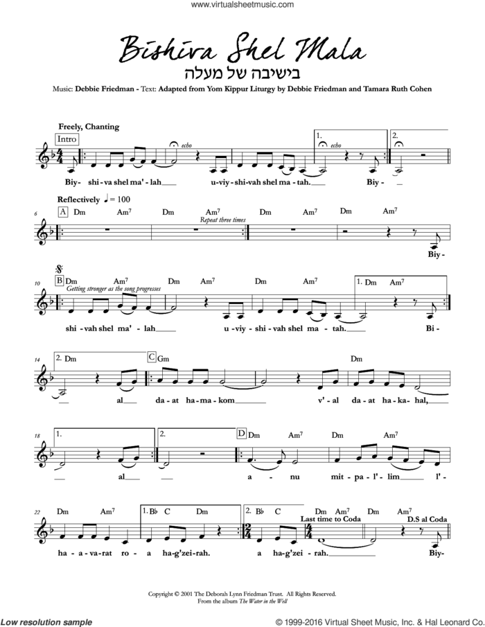 Bishiva Shel Mala sheet music for voice and other instruments (fake book) by Debbie Friedman & Tamara Ruth Cohen, Debbie Friedman and Tamara Ruth Cohen, intermediate skill level