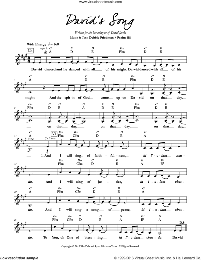 David's Song sheet music for voice and other instruments (fake book) by Debbie Friedman, intermediate skill level