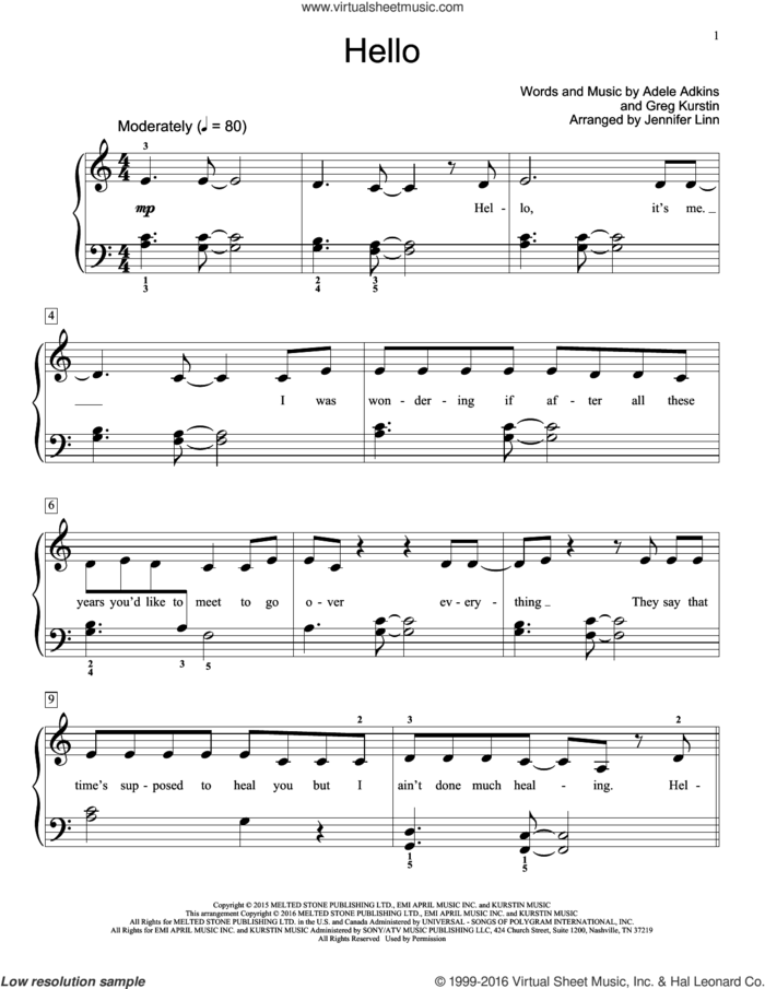 Hello sheet music for piano solo (elementary) by Jennifer Linn, Adele, Adele Adkins and Greg Kurstin, beginner piano (elementary)