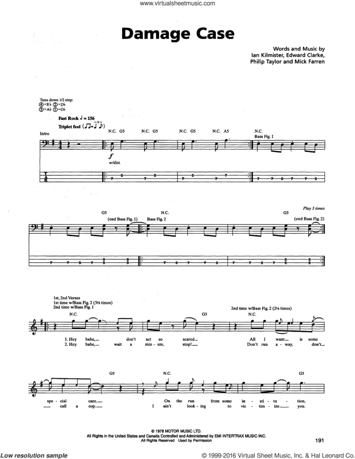 Damage Case sheet music for bass (tablature) (bass guitar) by Metallica, Edward Clarke, Ian Kilmister, Mick Farren and Philip Taylor, intermediate skill level