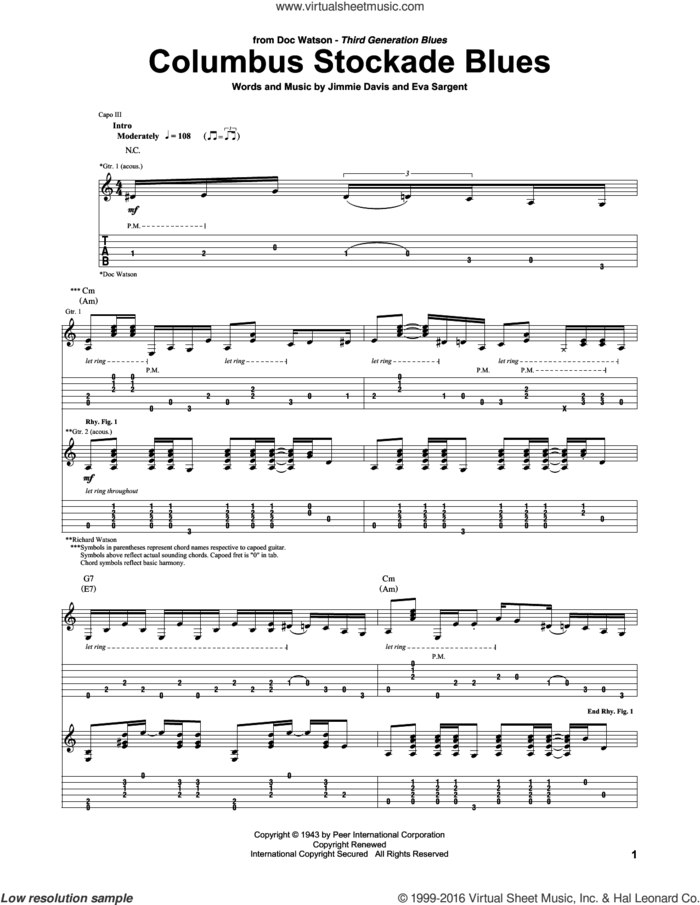 Columbus Stockade Blues sheet music for guitar (tablature) by Doc Watson, Vaughn Monroe/Sons of Pioneers, Eva Sargent and Jimmie Davis, intermediate skill level