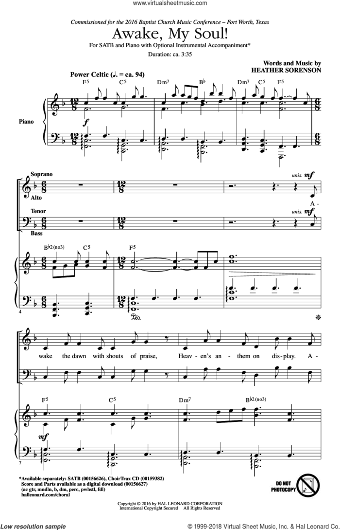 Awake, My Soul! sheet music for choir (SATB: soprano, alto, tenor, bass) by Heather Sorenson, intermediate skill level