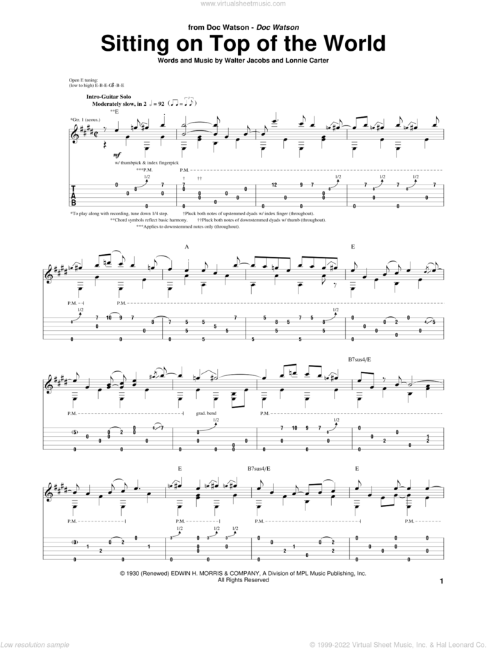 Sitting On Top Of The World sheet music for guitar (tablature) by Doc Watson, Lonnie Carter and Walter Jacobs, intermediate skill level
