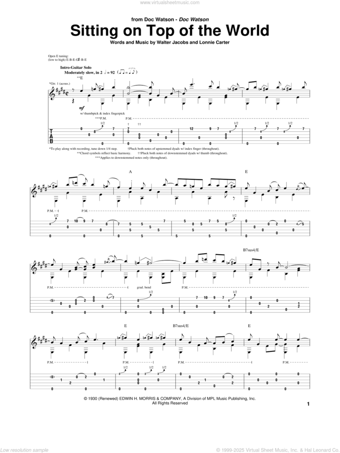 Sitting On Top Of The World sheet music for guitar (tablature) by Doc Watson, Lonnie Carter and Walter Jacobs, intermediate skill level