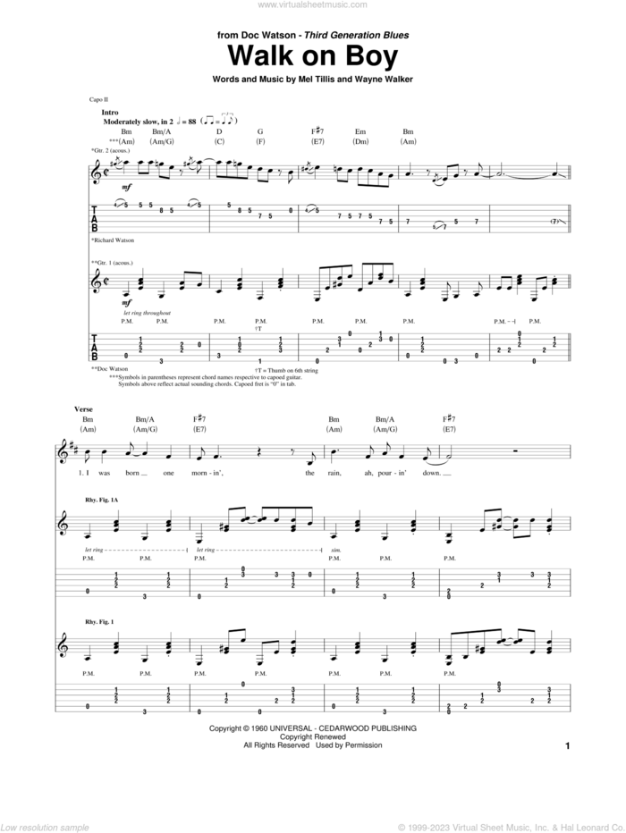 Walk On Boy sheet music for guitar (tablature) by Doc Watson, Mel Tillis and Wayne Walker, intermediate skill level