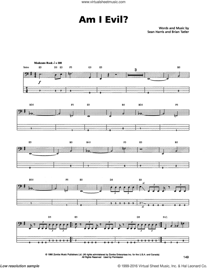 Am I Evil? sheet music for bass (tablature) (bass guitar) by Metallica, Brian Tatler and Sean Harris, intermediate skill level