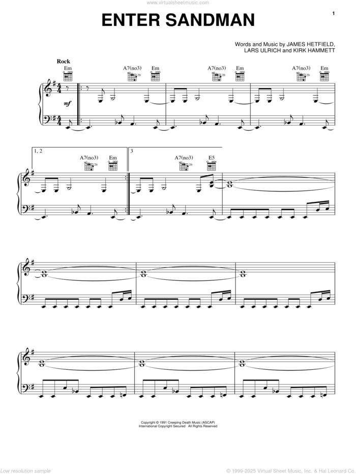 Enter Sandman sheet music for voice, piano or guitar by Metallica, James Hetfield, Kirk Hammett and Lars Ulrich, intermediate skill level