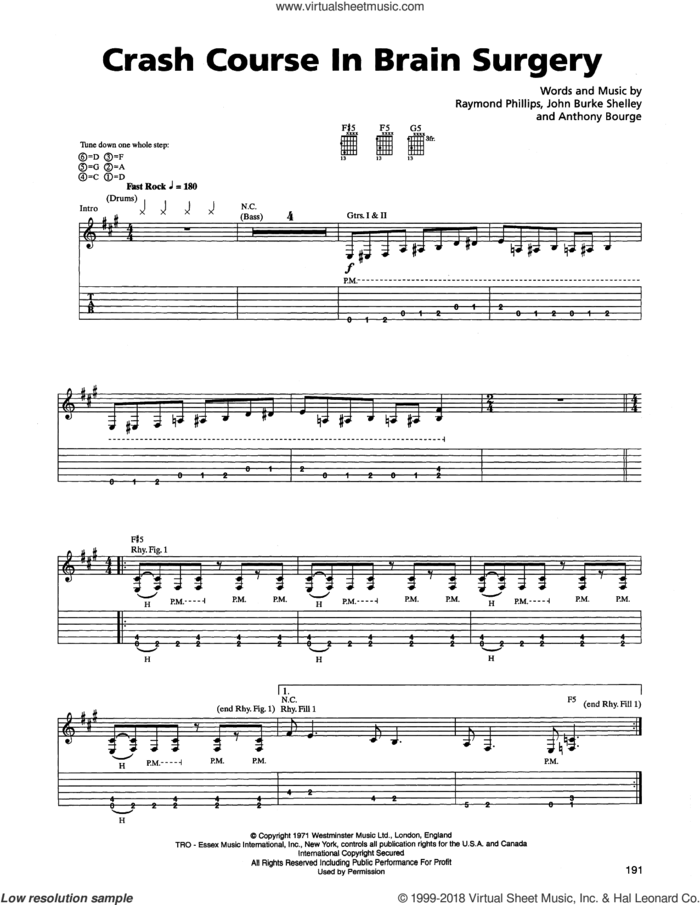Crash Course In Brain Surgery sheet music for guitar (tablature) by Metallica, Anthony Bourge, John Burke Shelley and Raymond Phillips, intermediate skill level