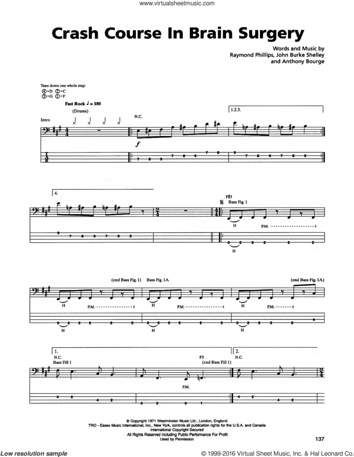 Crash Course In Brain Surgery sheet music for bass (tablature) (bass guitar) by Metallica, Anthony Bourge, John Burke Shelley and Raymond Phillips, intermediate skill level