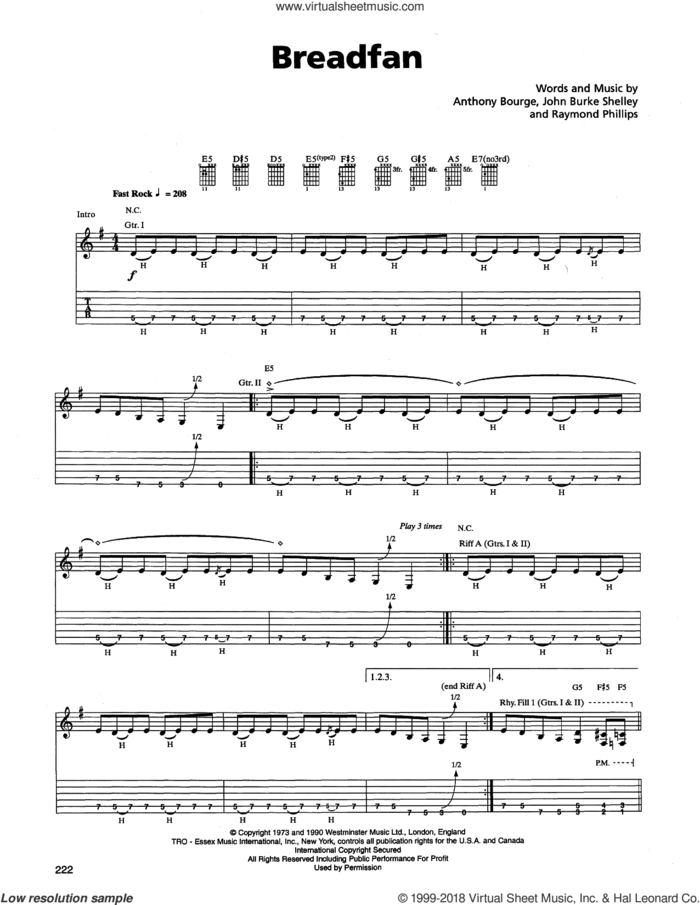 Breadfan sheet music for guitar (tablature) by Metallica, Anthony Bourge, John Burke Shelley and Raymond Phillips, intermediate skill level