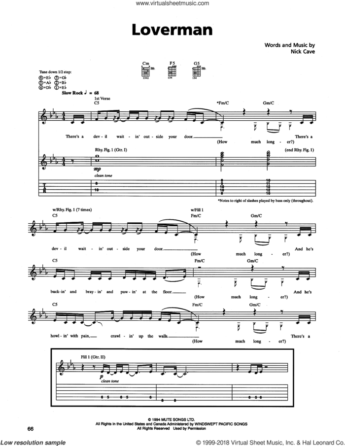 Loverman sheet music for guitar (tablature) by Metallica and Nick Cave, intermediate skill level