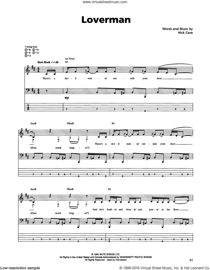 Loverman sheet music for bass (tablature) (bass guitar) by Metallica and Nick Cave, intermediate skill level