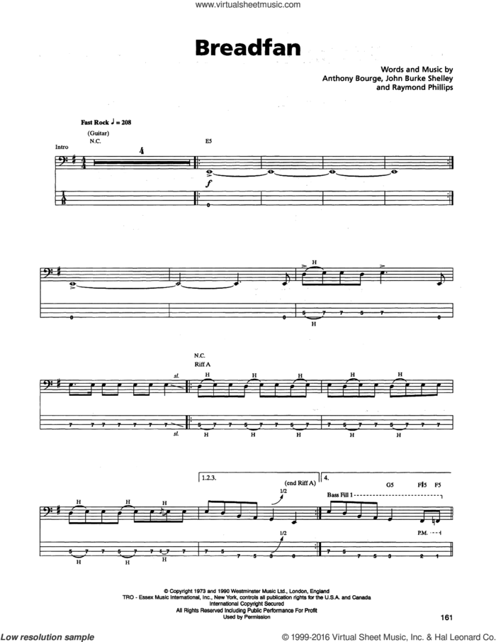 Breadfan sheet music for bass (tablature) (bass guitar) by Metallica, Anthony Bourge, John Burke Shelley and Raymond Phillips, intermediate skill level