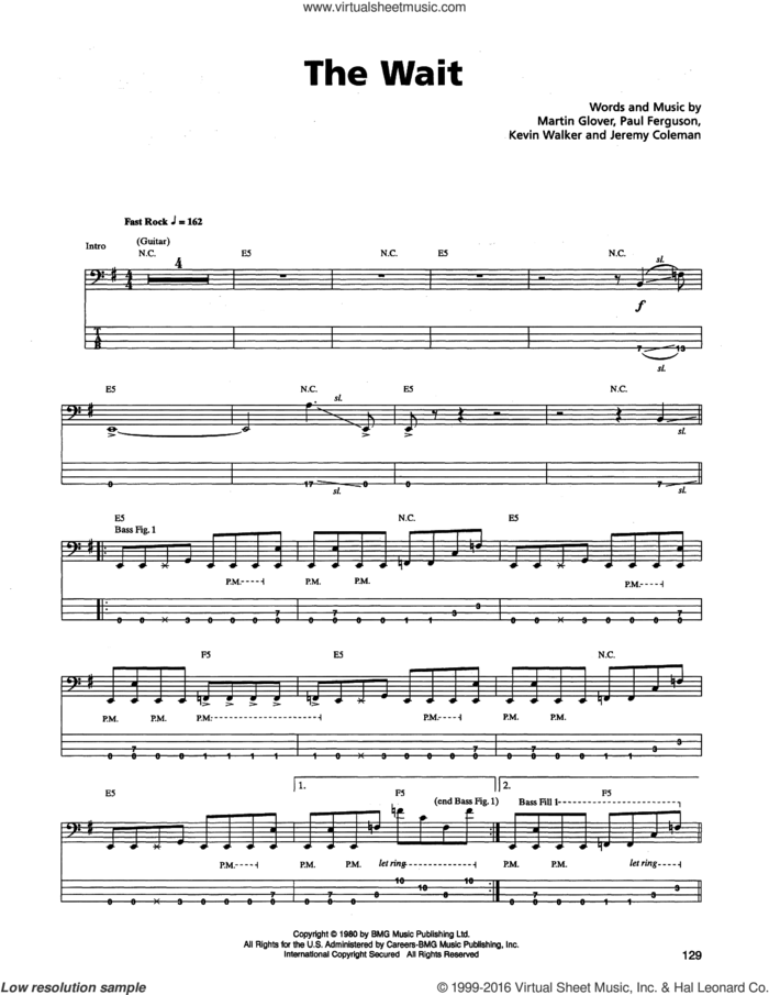 The Wait sheet music for bass (tablature) (bass guitar) by Metallica, Killing Joke, Jeremy Coleman, Kevin Walker, Martin Glover and Paul Ferguson, intermediate skill level