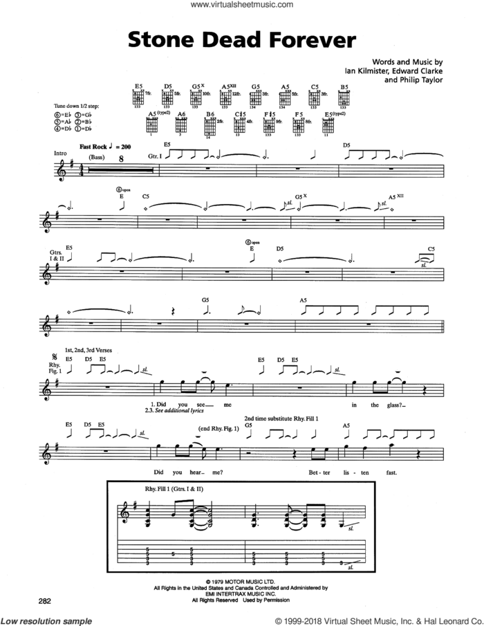 Stone Dead Forever sheet music for guitar (tablature) by Metallica, Edward Clarke, Ian Kilmister and Philip Taylor, intermediate skill level