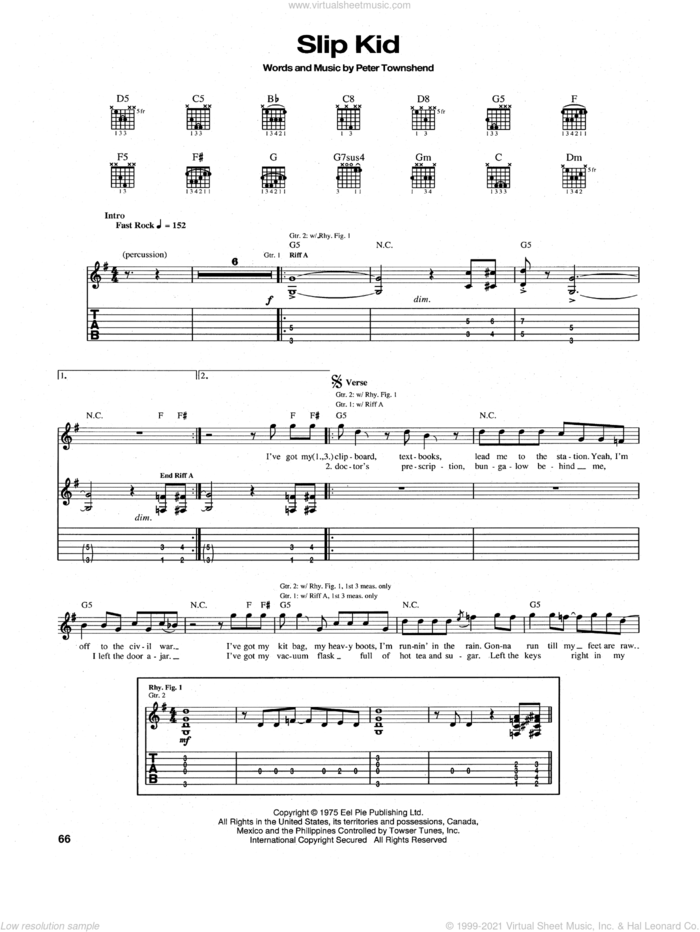 Slip Kid sheet music for guitar (tablature) by The Who and Pete Townshend, intermediate skill level