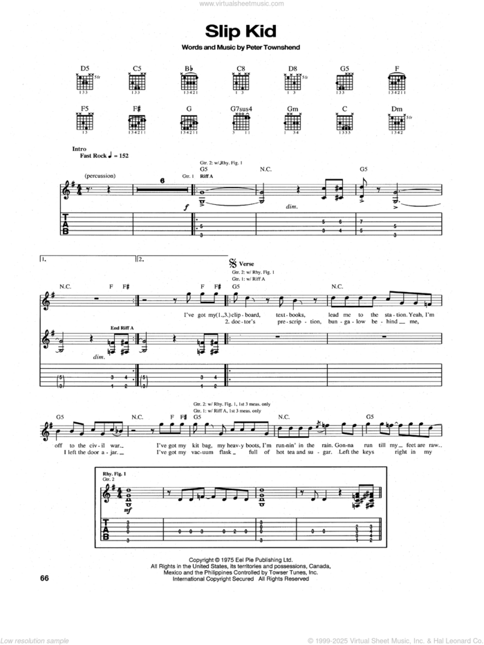 Slip Kid sheet music for guitar (tablature) by The Who and Pete Townshend, intermediate skill level