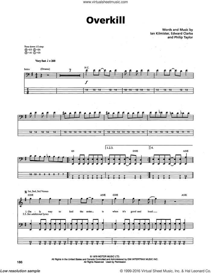 Overkill sheet music for bass (tablature) (bass guitar) by Metallica, Edward Clarke, Ian Kilmister and Philip Taylor, intermediate skill level