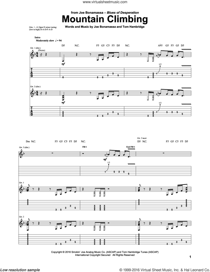 Mountain Climbing sheet music for guitar (tablature) by Joe Bonamassa and Tom Hambridge, intermediate skill level