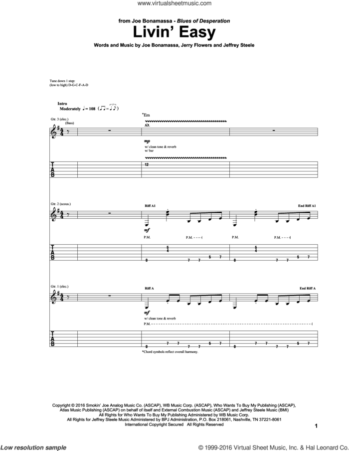 Livin' Easy sheet music for guitar (tablature) by Joe Bonamassa, Jeffrey Steele and Jerry Flowers, intermediate skill level