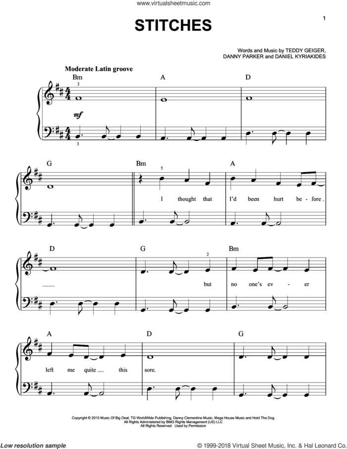 Stitches, (beginner) sheet music for piano solo by Shawn Mendes, Daniel Kyriakides, Danny Parker and Teddy Geiger, beginner skill level