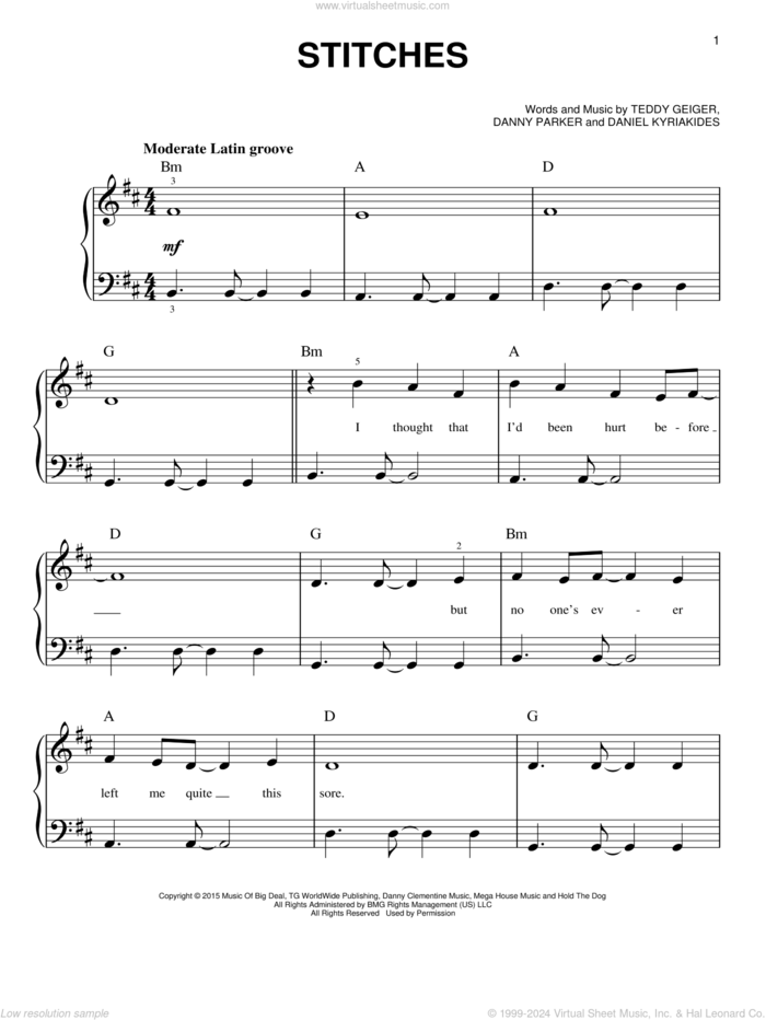 Stitches, (beginner) sheet music for piano solo by Shawn Mendes, Daniel Kyriakides, Danny Parker and Teddy Geiger, beginner skill level