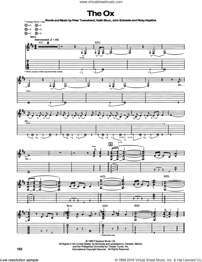 The Ox sheet music for guitar (tablature) by The Who, John Entwhistle, Keith Moon, Nicky Hopkins and Pete Townshend, intermediate skill level