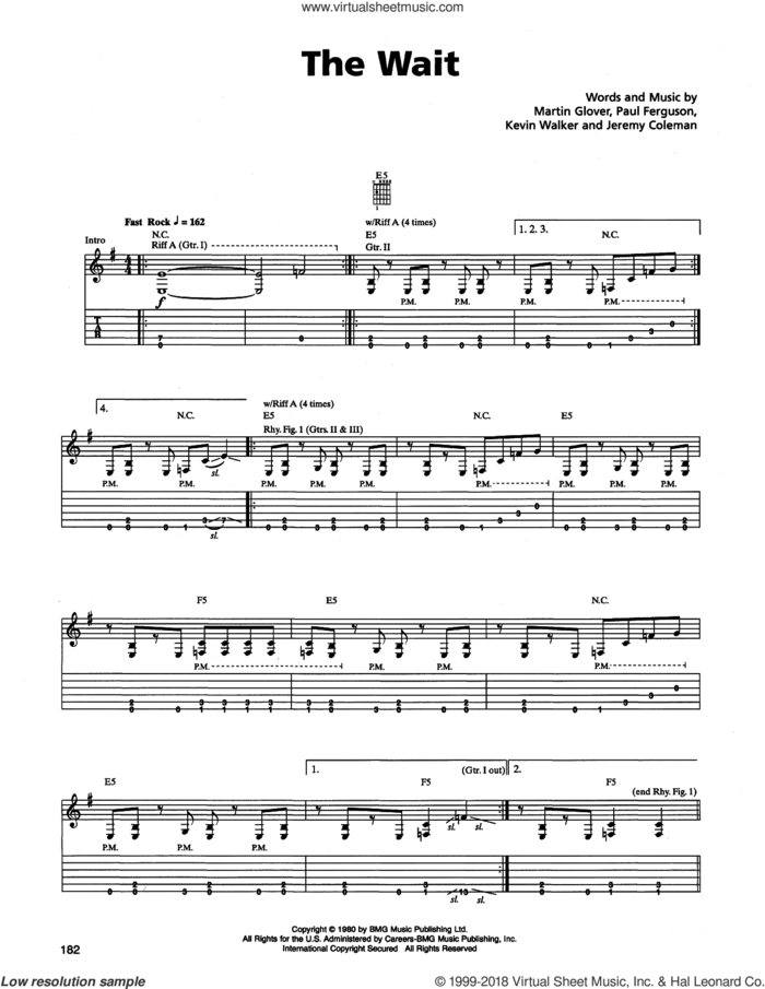 The Wait sheet music for guitar (tablature) by Metallica, Killing Joke, Jeremy Coleman, Kevin Walker, Martin Glover and Paul Ferguson, intermediate skill level