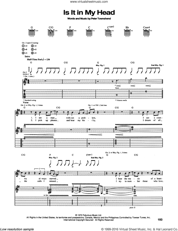 Is It In My Head sheet music for guitar (tablature) by The Who and Pete Townshend, intermediate skill level