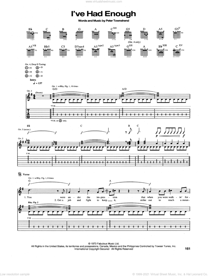 I've Had Enough sheet music for guitar (tablature) by The Who and Pete Townshend, intermediate skill level