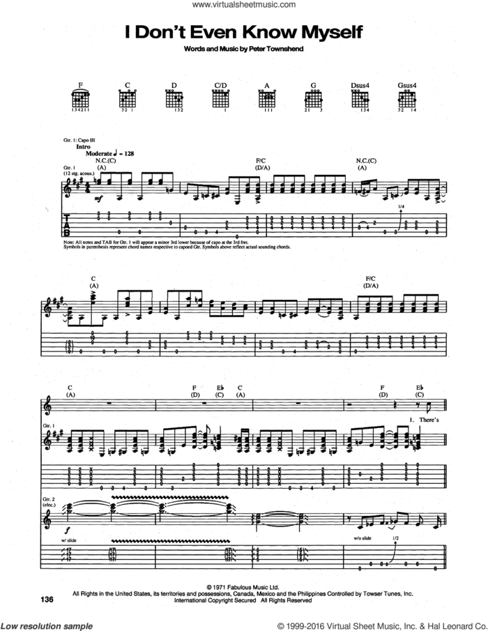 I Don't Even Know Myself sheet music for guitar (tablature) by The Who and Pete Townshend, intermediate skill level