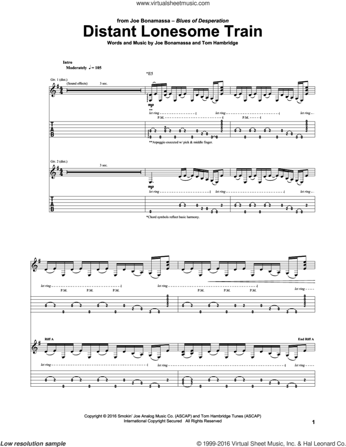 Distant Lonesome Train sheet music for guitar (tablature) by Joe Bonamassa and Tom Hambridge, intermediate skill level