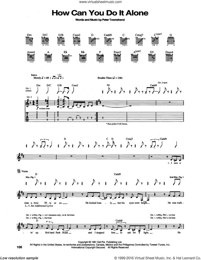 How Can You Do It Alone sheet music for guitar (tablature) by The Who and Pete Townshend, intermediate skill level