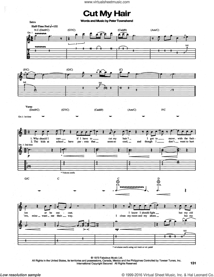 Cut My Hair sheet music for guitar (tablature) by The Who and Pete Townshend, intermediate skill level