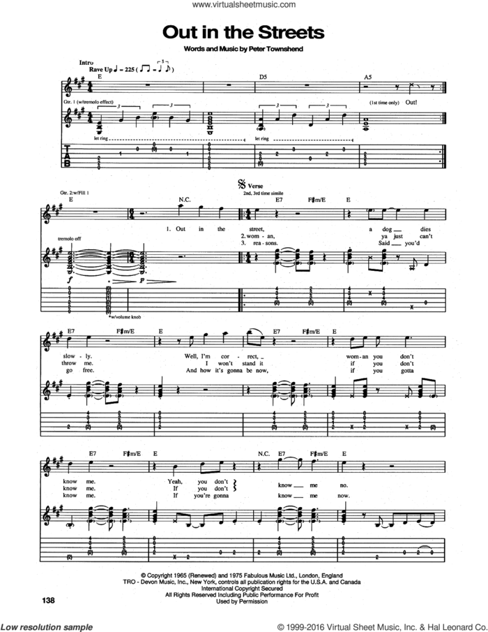 Out In The Street sheet music for guitar (tablature) by The Who and Pete Townshend, intermediate skill level