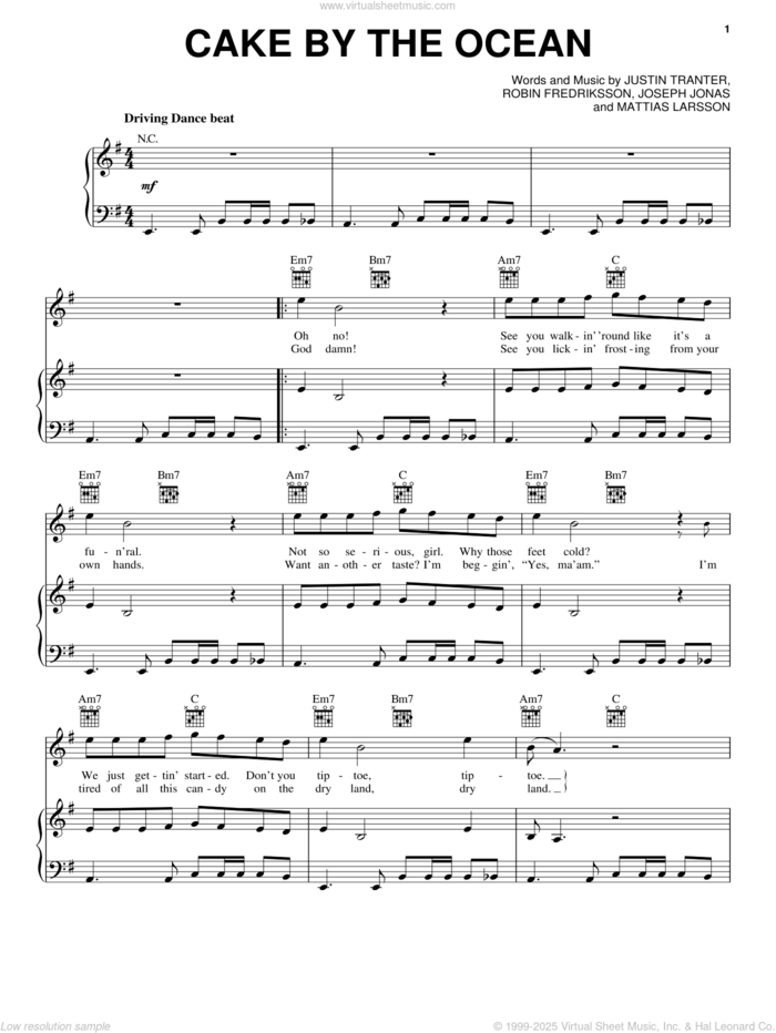 Cake By The Ocean sheet music for voice, piano or guitar by DNCE, Joseph Jonas, Justin Tranter, Mattias Larsson, Robin Fredricksson and Robin Fredriksson, intermediate skill level