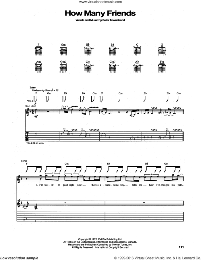 How Many Friends sheet music for guitar (tablature) by The Who and Pete Townshend, intermediate skill level