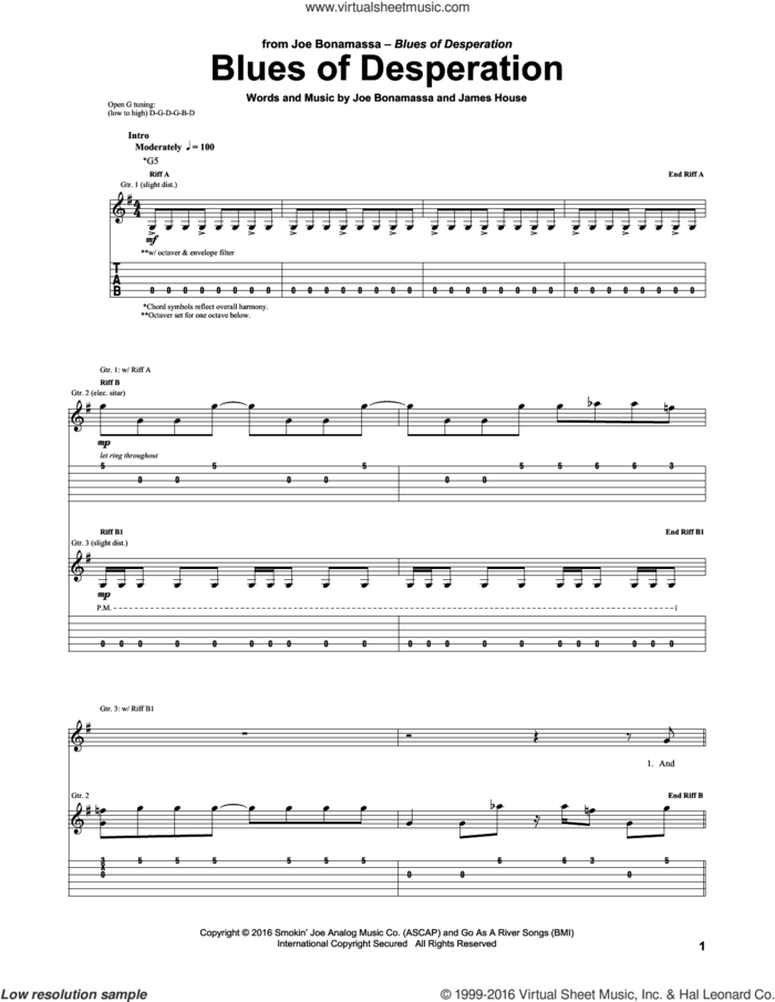 Blues Of Desperation sheet music for guitar (tablature) by Joe Bonamassa and James House, intermediate skill level