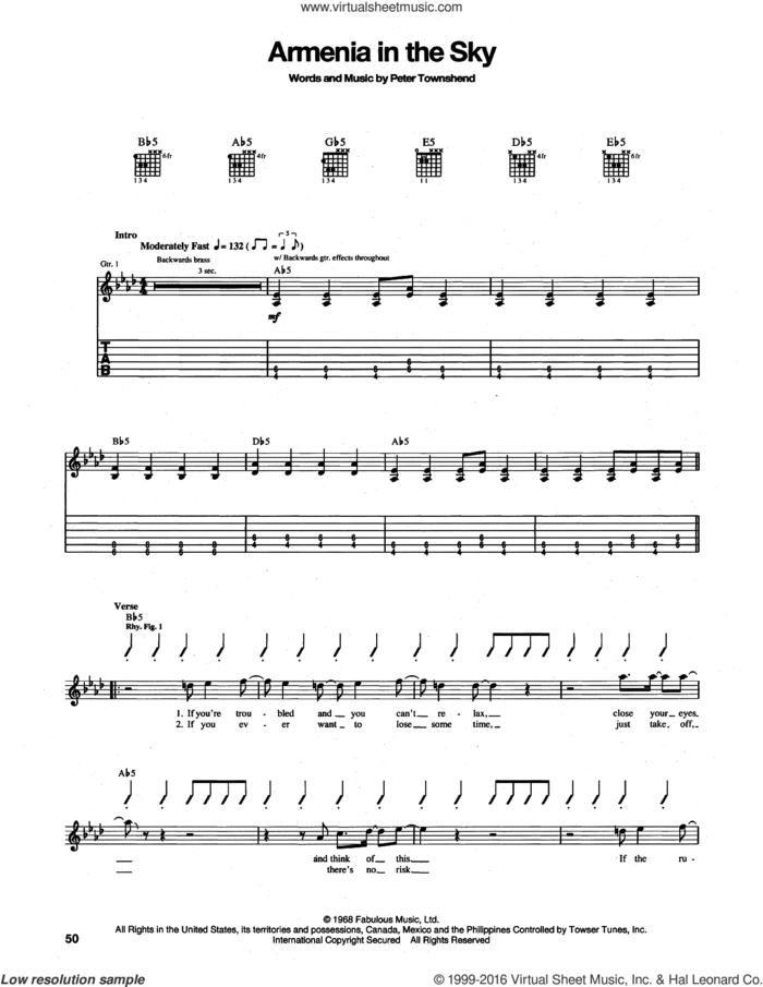 Armenia City In The Sky sheet music for guitar (tablature) by The Who and Pete Townshend, intermediate skill level