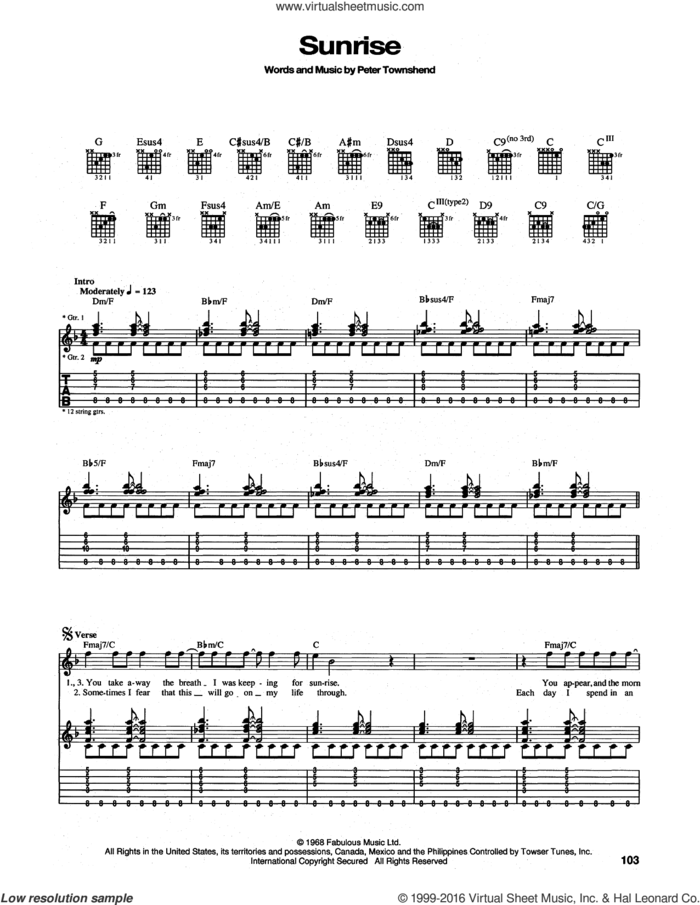 Sunrise sheet music for guitar (tablature) by The Who and Pete Townshend, intermediate skill level