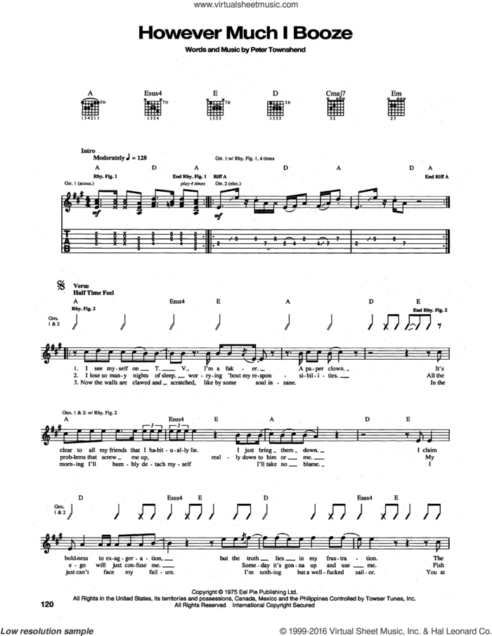 However Much I Booze sheet music for guitar (tablature) by The Who and Pete Townshend, intermediate skill level