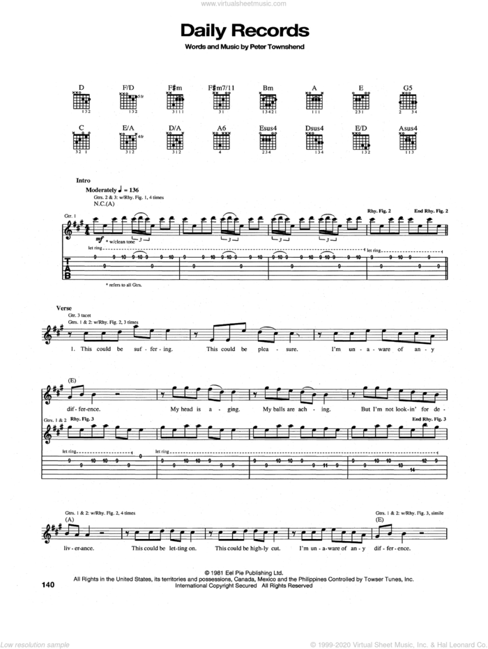 Daily Records sheet music for guitar (tablature) by The Who and Pete Townshend, intermediate skill level