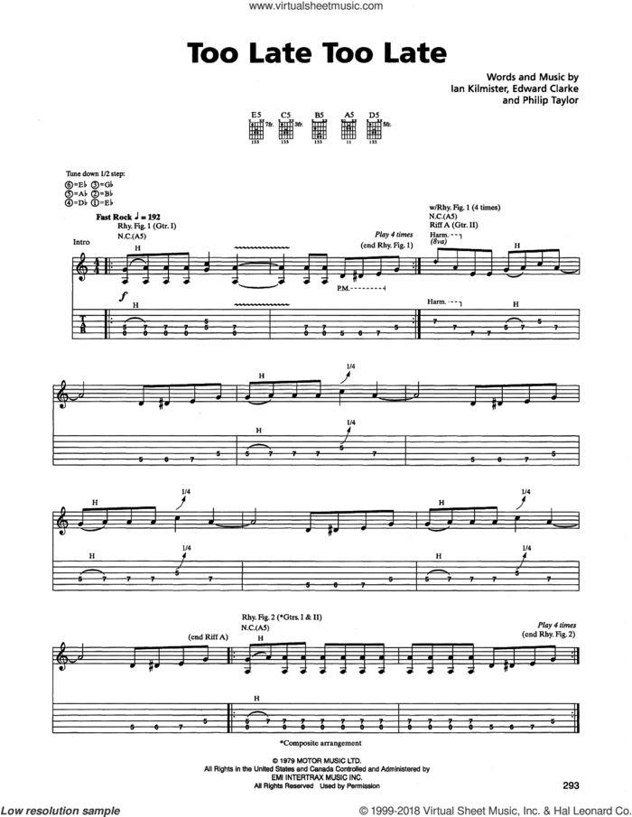Too Late Too Late sheet music for guitar (tablature) by Metallica, Edward Clarke, Ian Kilmister and Philip Taylor, intermediate skill level