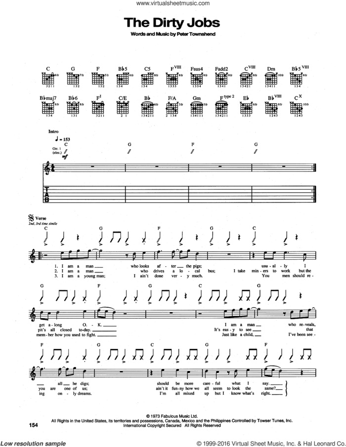 The Dirty Jobs sheet music for guitar (tablature) by The Who and Pete Townshend, intermediate skill level